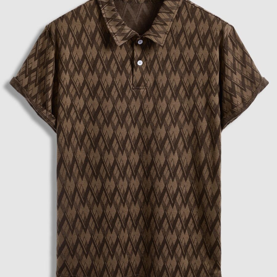 Men's geometric vintage half button lapel short sleeve polo