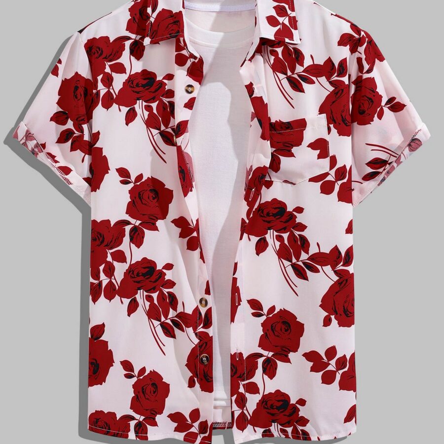 Men's Rose Print Skin-Friendly Everyday Button Short sleeve Shirt