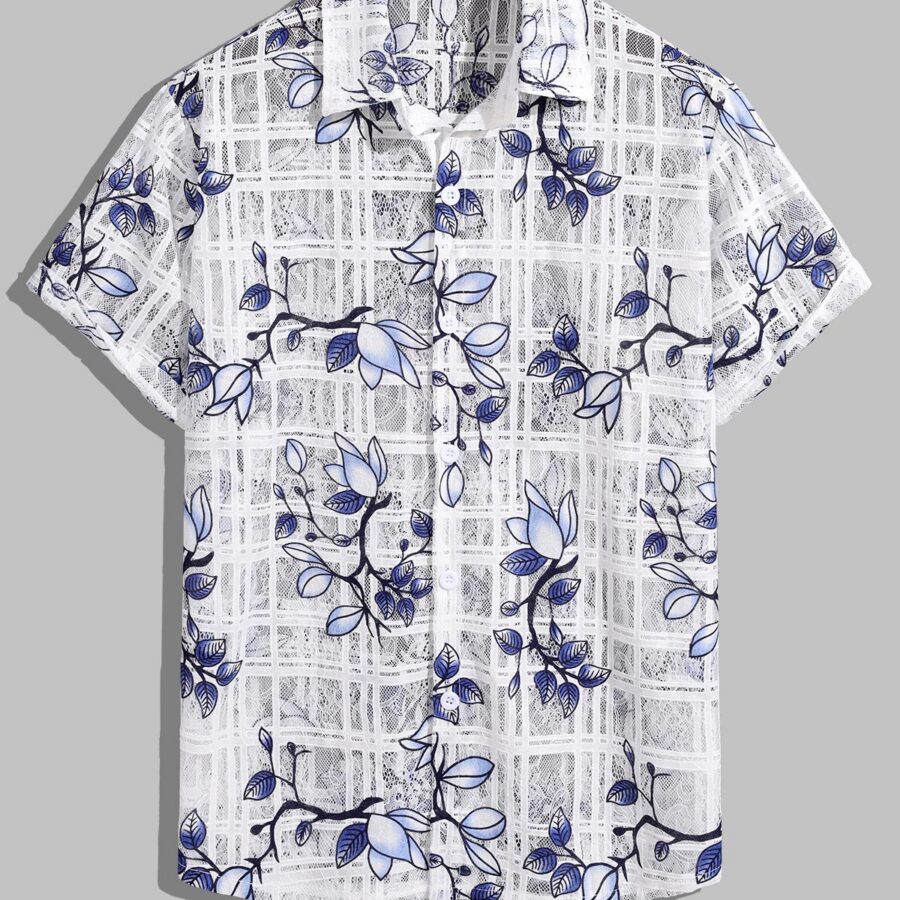 Men's Floral Checkered Print Cutout Button Short Sleeve Shirt