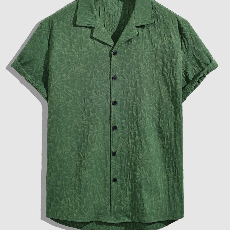 Men's vintage textured Cuban collar solid color short-sleeved shirt