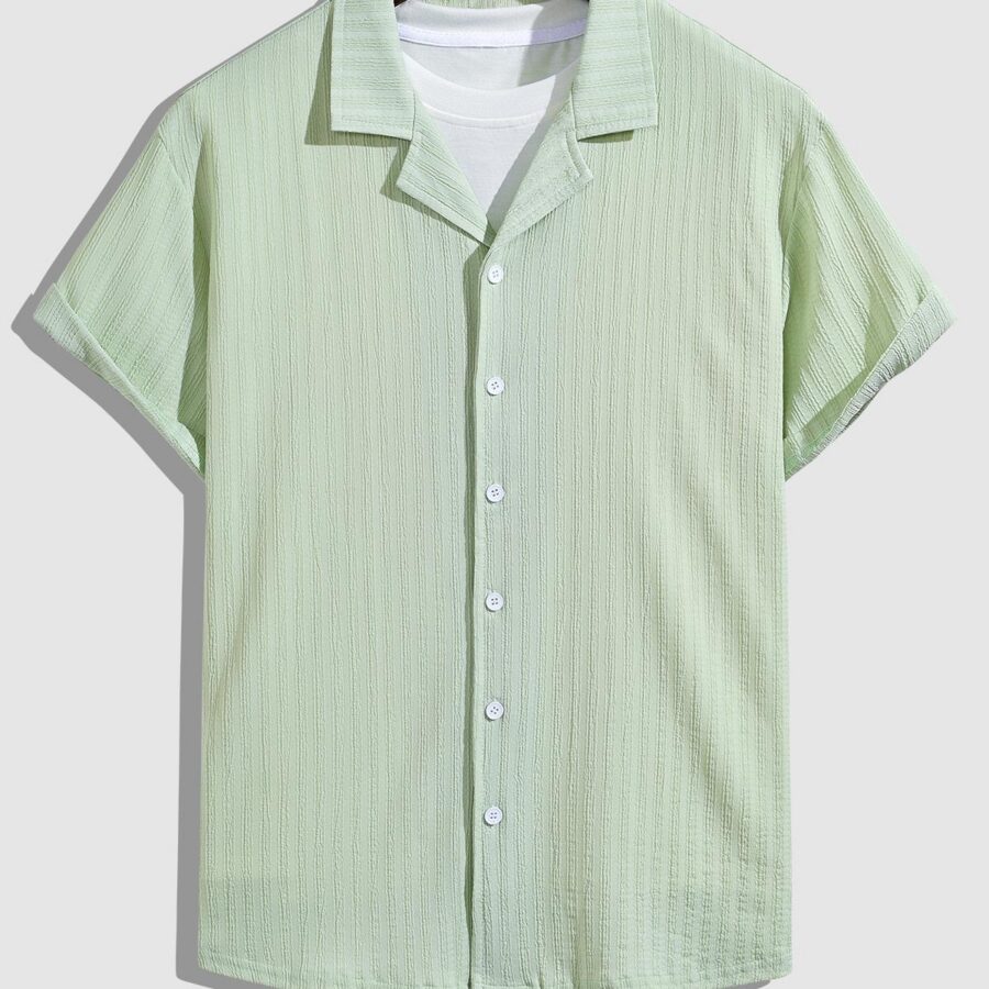 Men's solid color striped textured Cuban collar everyday short-sleeved shirt