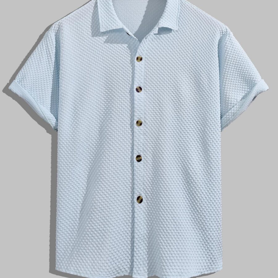 Men's solid color seersucker patterned lapel button-down short-sleeved shirt