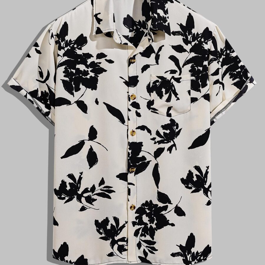 Men's leaf print everyday button short-sleeved shirt