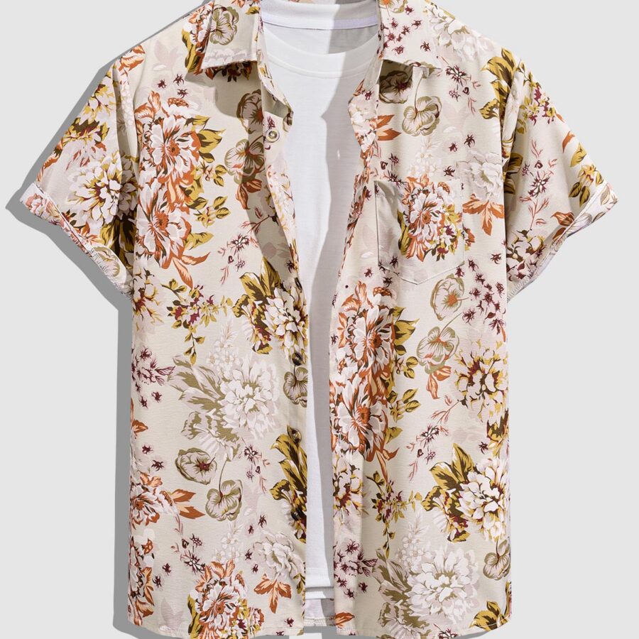 Men's floral print retro skin-friendly everyday short-sleeved shirt