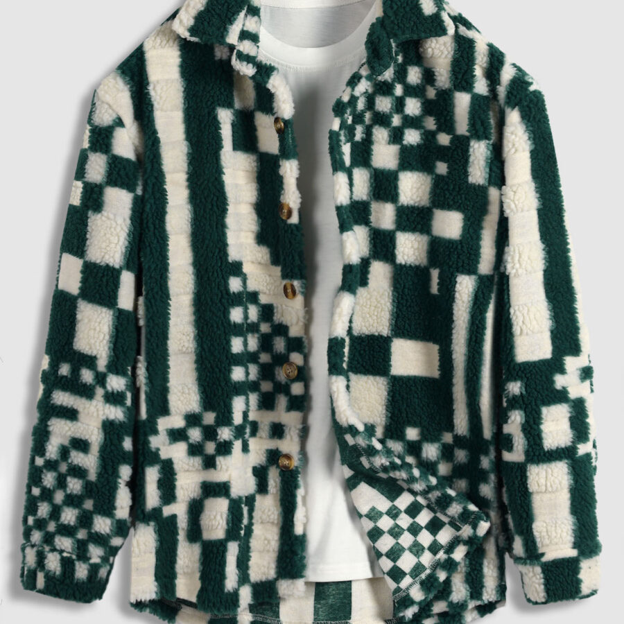 Men's irregular plaid fluffy artificial fur everyday shirt jacket