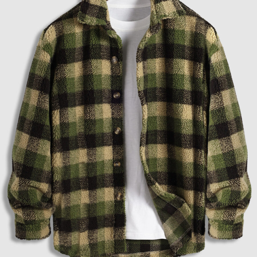 Men's Classic Plaid Fluffy Faux Fur Shirt Everyday Button Cardigan Jacket